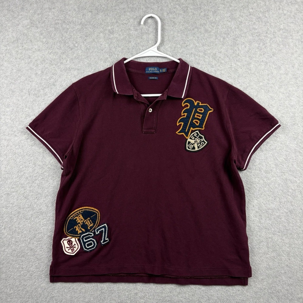 Polo Ralph Lauren Shirt Women's XL Burgundy Embroidered Varsity Patches Classic